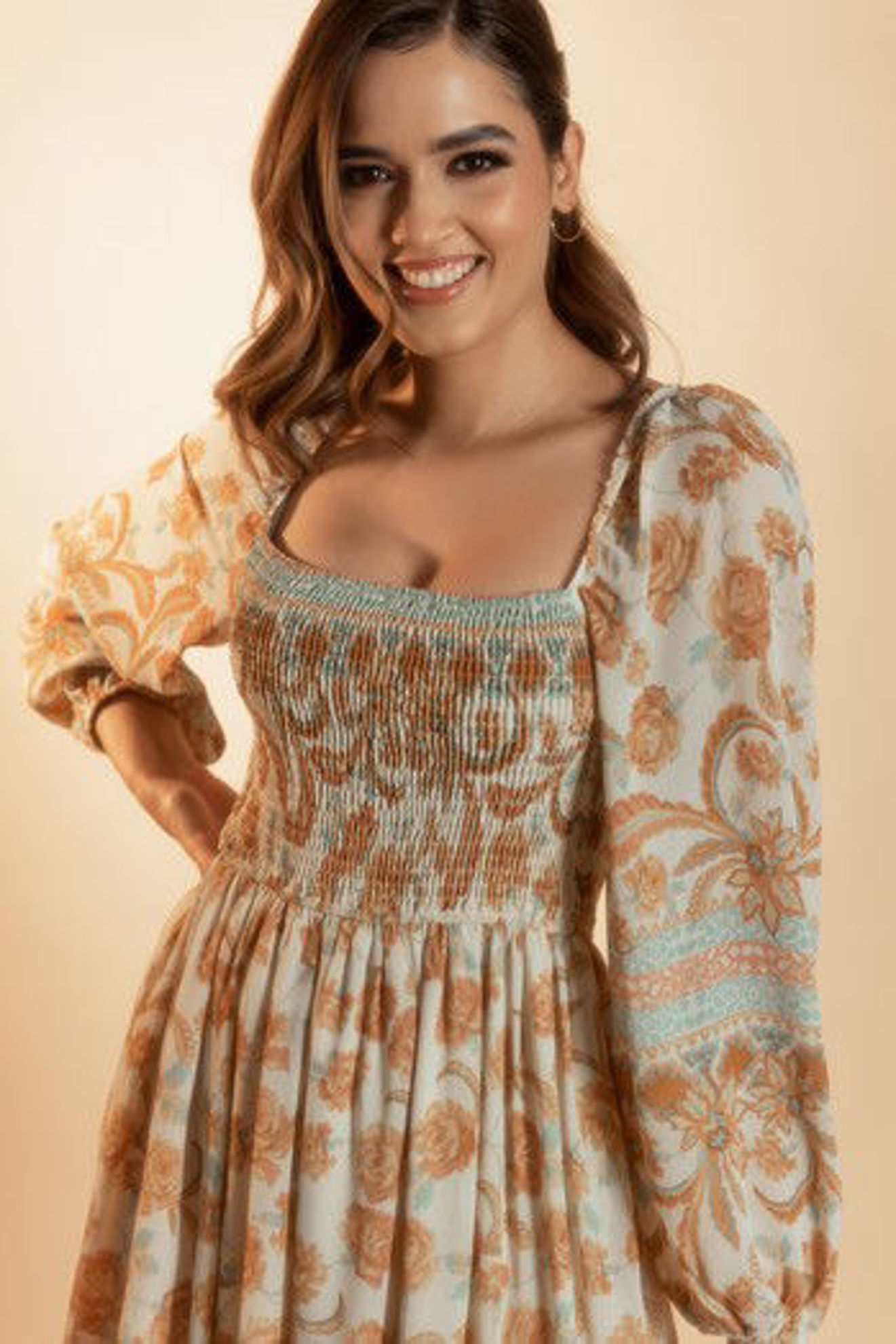 Imagen de Vestido Nido Abeja Manga 3/4 Seda                                              (Exclusivo Pagina)