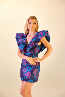 Imagen de Vestido Estampado Vuelo Mangas Escote Profundo, Tela Jacquard