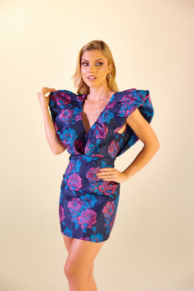 Imagen de Vestido Estampado Vuelo Mangas Escote Profundo, Tela Jacquard   (Exclusivo Pagina)