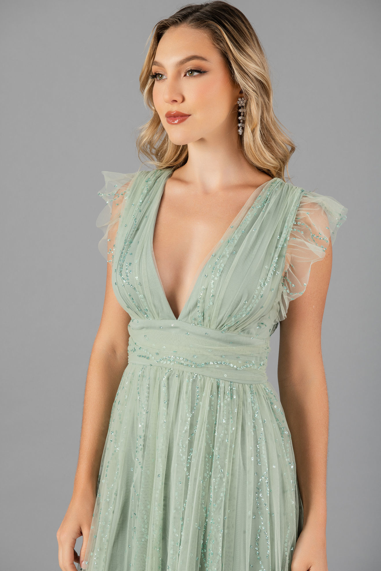 Vestido maxi de encaje y tul con escote ilusión Coral Tallas Grandes