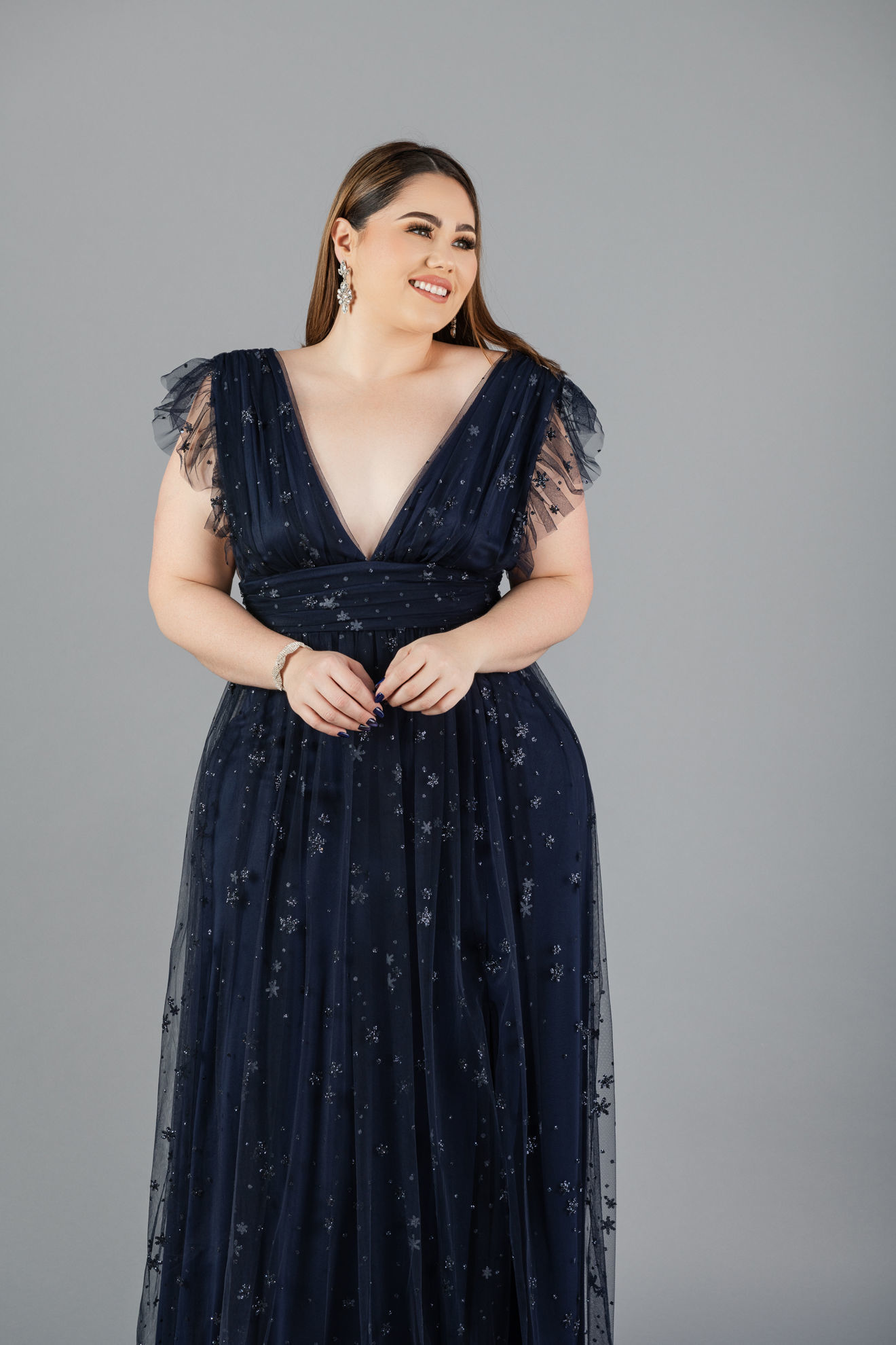 Vestido maxi de encaje y tul con escote ilusión Azul Polvoriento Tallas Grandes