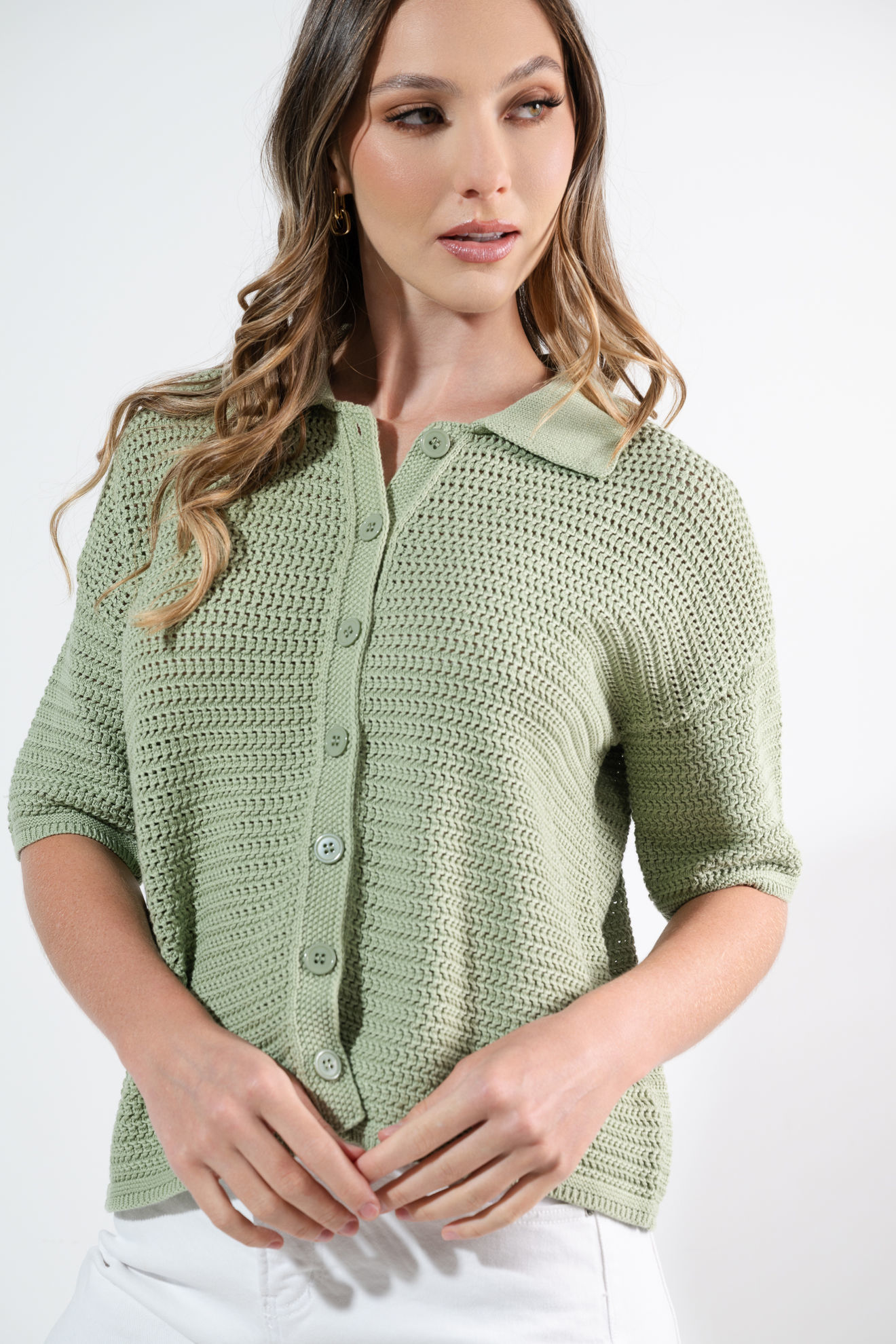 Imagen de Blusa Tejida Manga Corta, Botones, Cuello